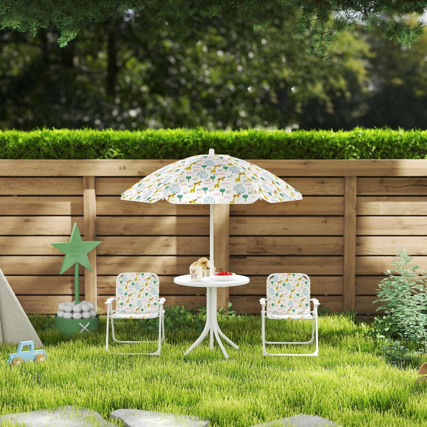 Garten-Kindersitzgruppe Stahl, Polyester Weiss, Weiss-elefanten- und Giraffenmuster