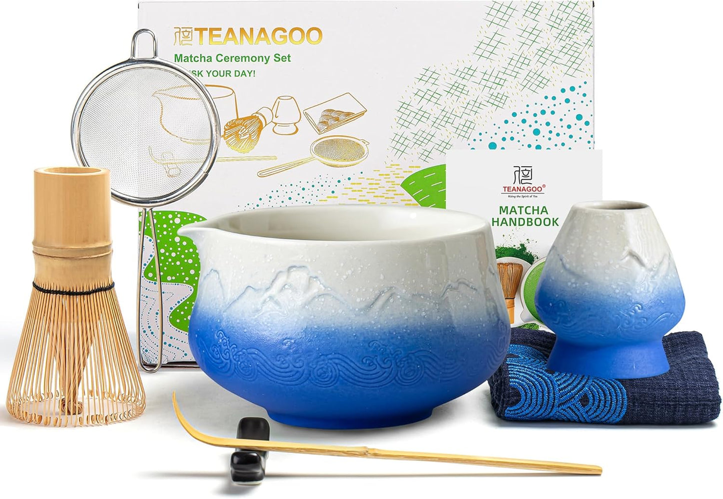 7-teiliges Matcha Tee-Set, 7Stück/Set, Schüssel mit Ausgießer Farbverlauf Blau