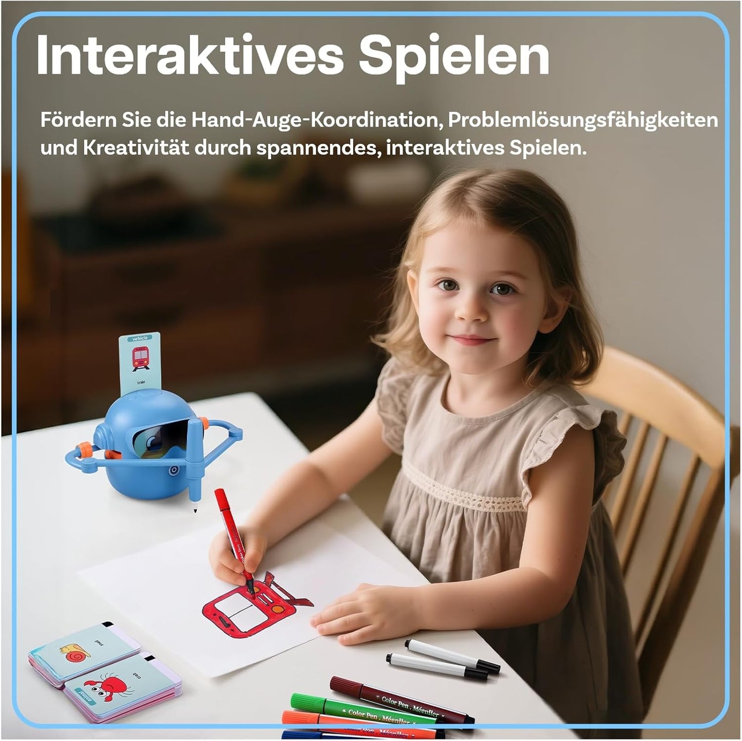 Interaktiver Zeichenroboter für Kinder mit Zeichenkarten, Blau