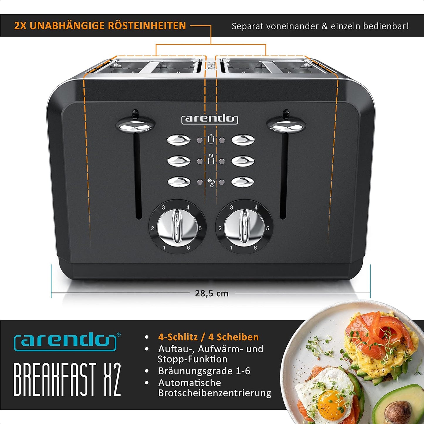 Breakfast X2 Toaster für 4 Scheiben, mit Auftau- Aufwärm- und Stoppfunktion, B: Schwarz