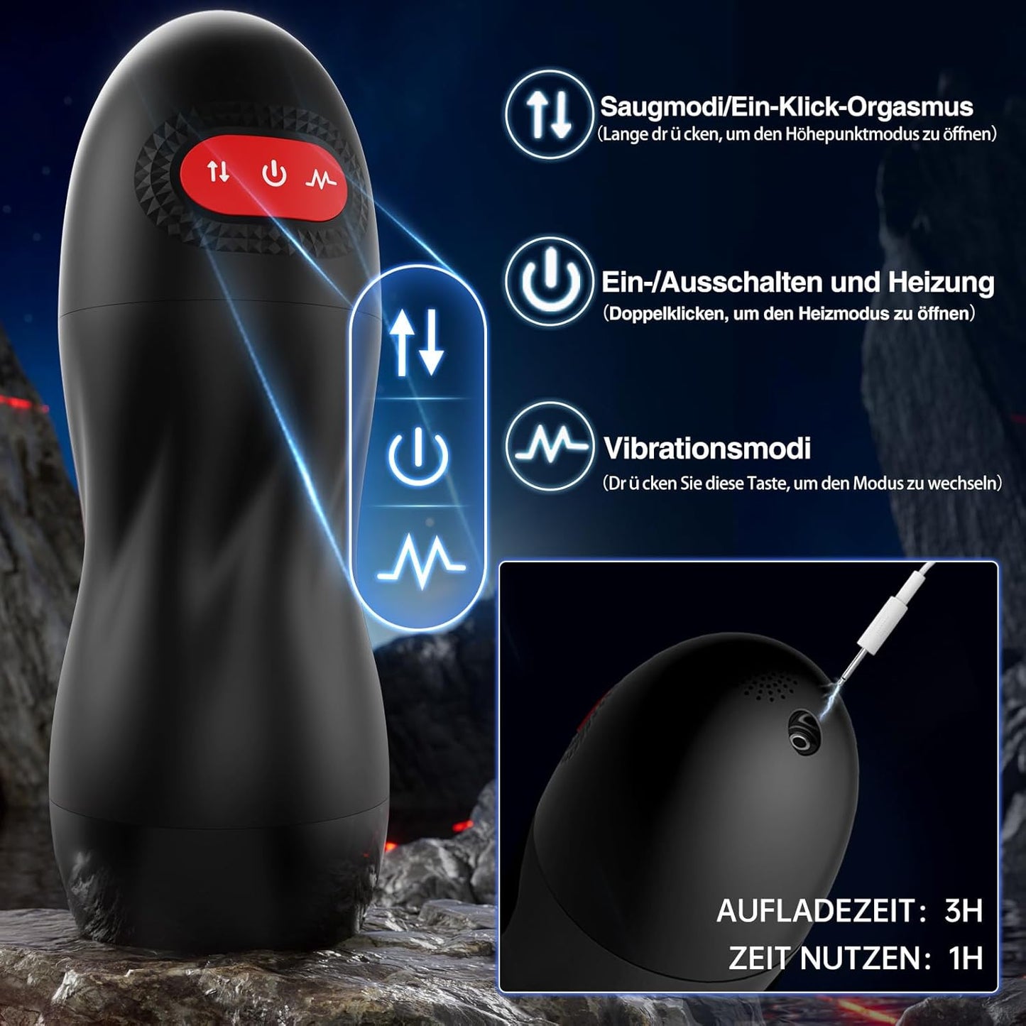 Elektrischer Masturbator mit Vibration und Saugmodi, Schwarz