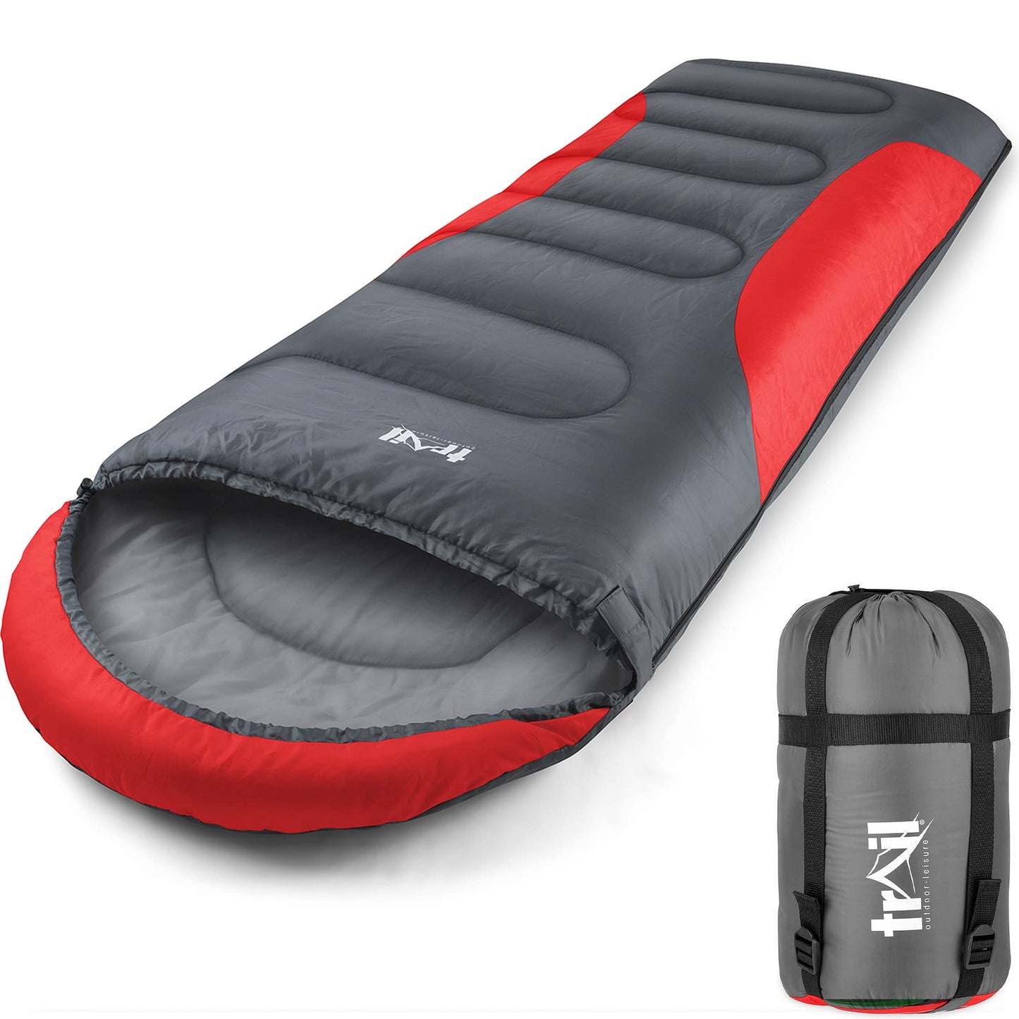 Trail-Alpin-Schlafsack mit Kapuze und Kompressionssack, Rot - 3 Jahreszeiten