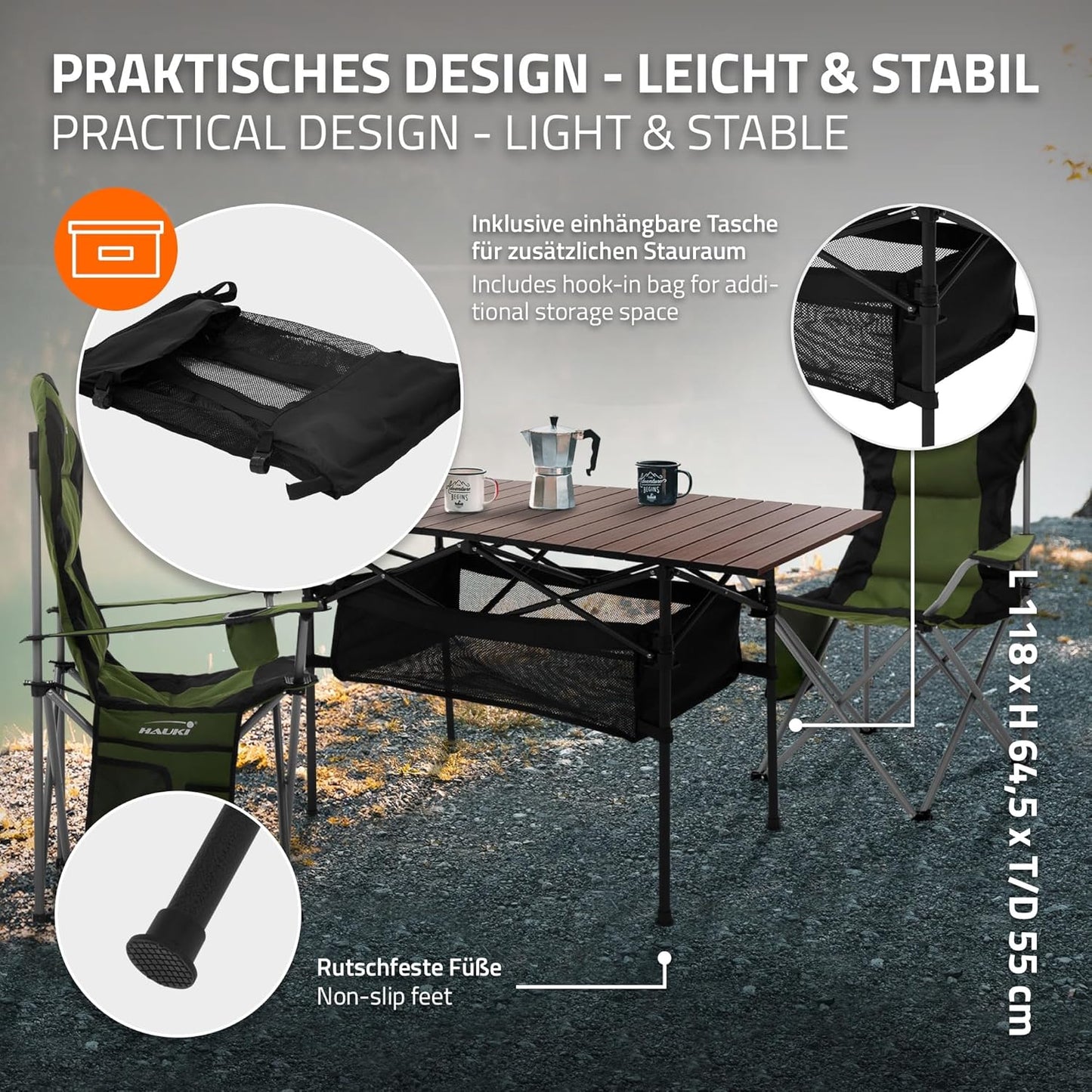 3-teiliges Campingmöbel-Set faltbar, mit Tragetasche, Campingtisch Braun 2x Campingstuhl Schwarz