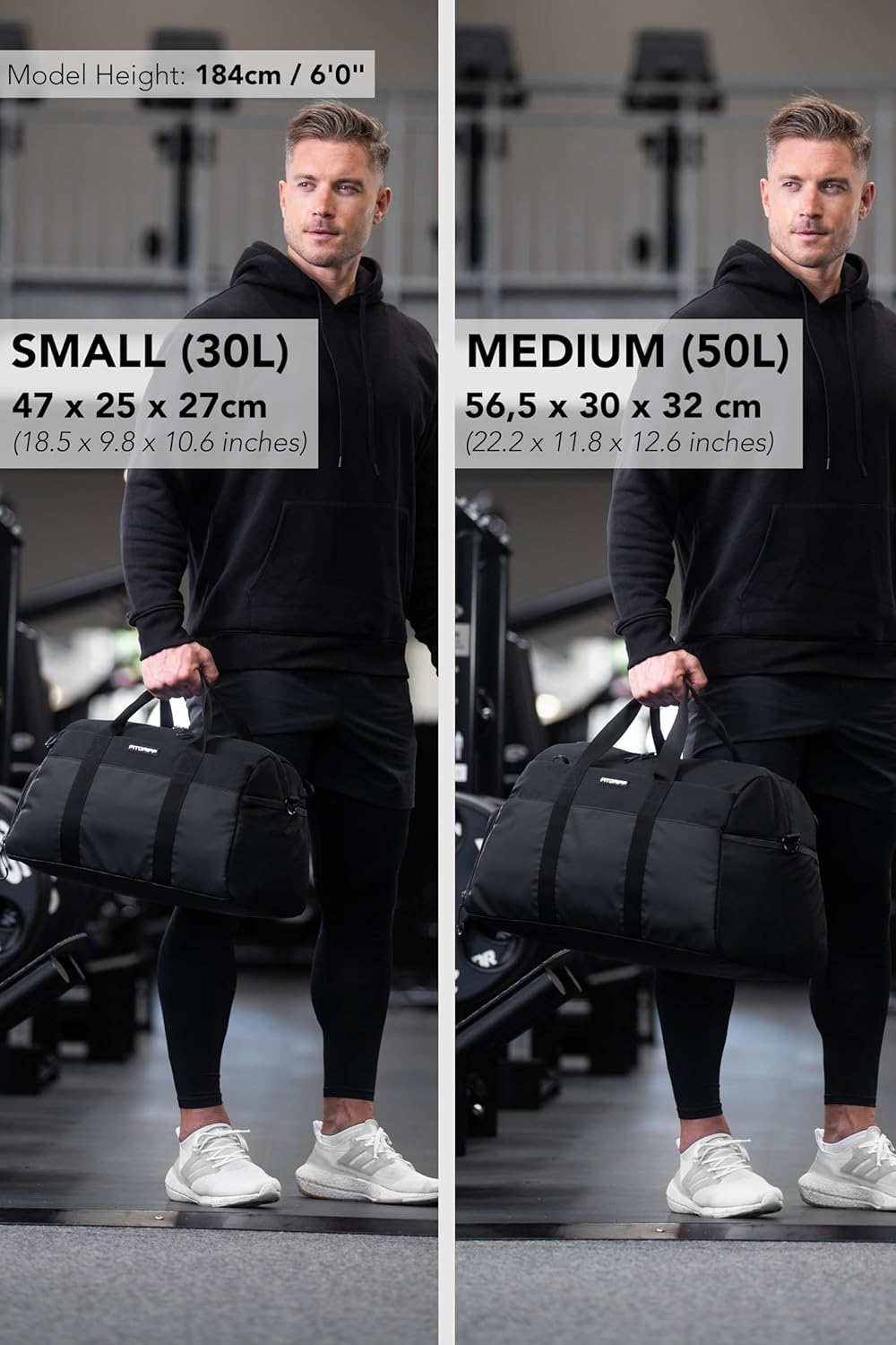 Sport- und Reisetasche mit Schuh- & Nassfach, Full Black 56 x 30 x 32 cm (Medium)