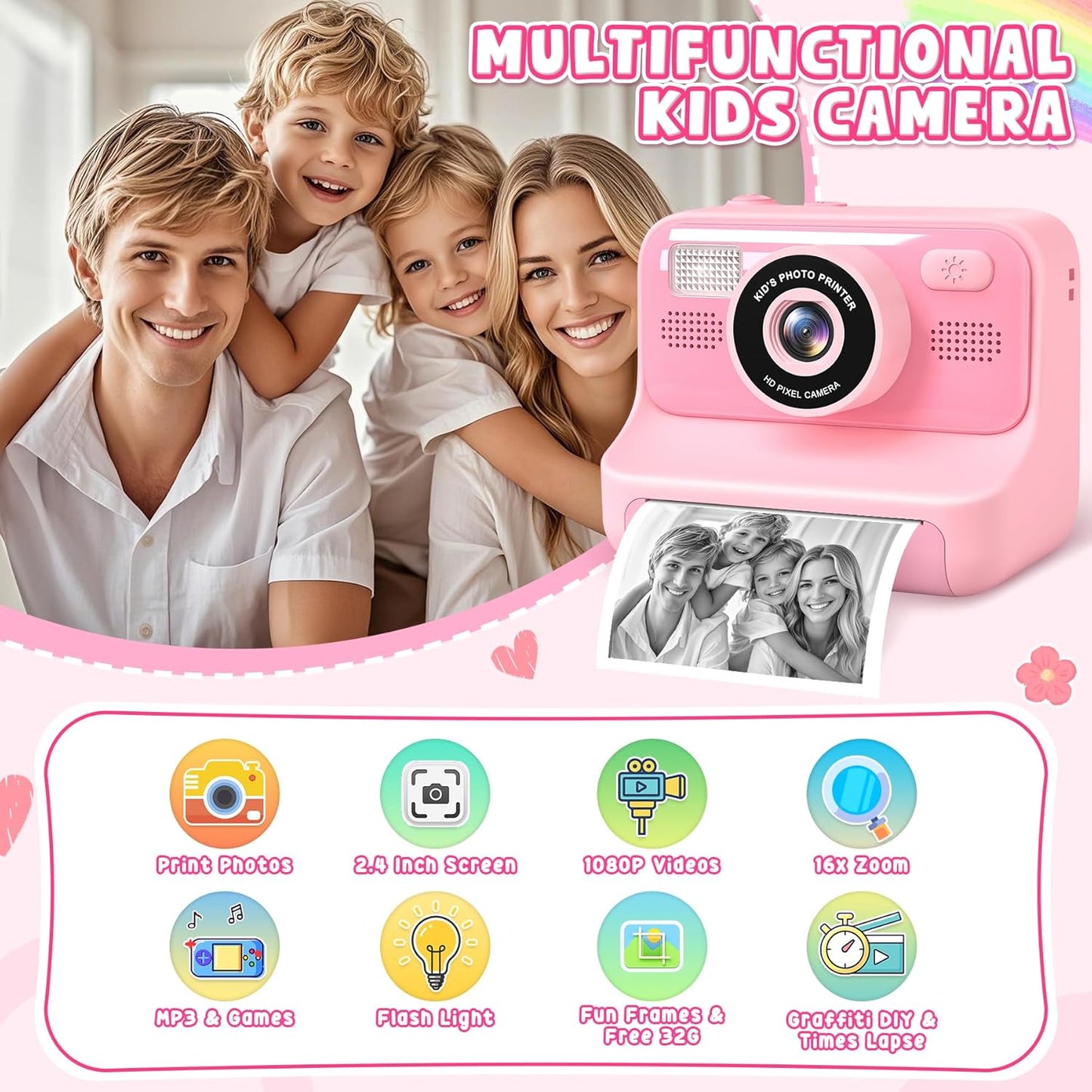 Kinder-Sofortbildkamera mit Selfie-Funktion, Rosa