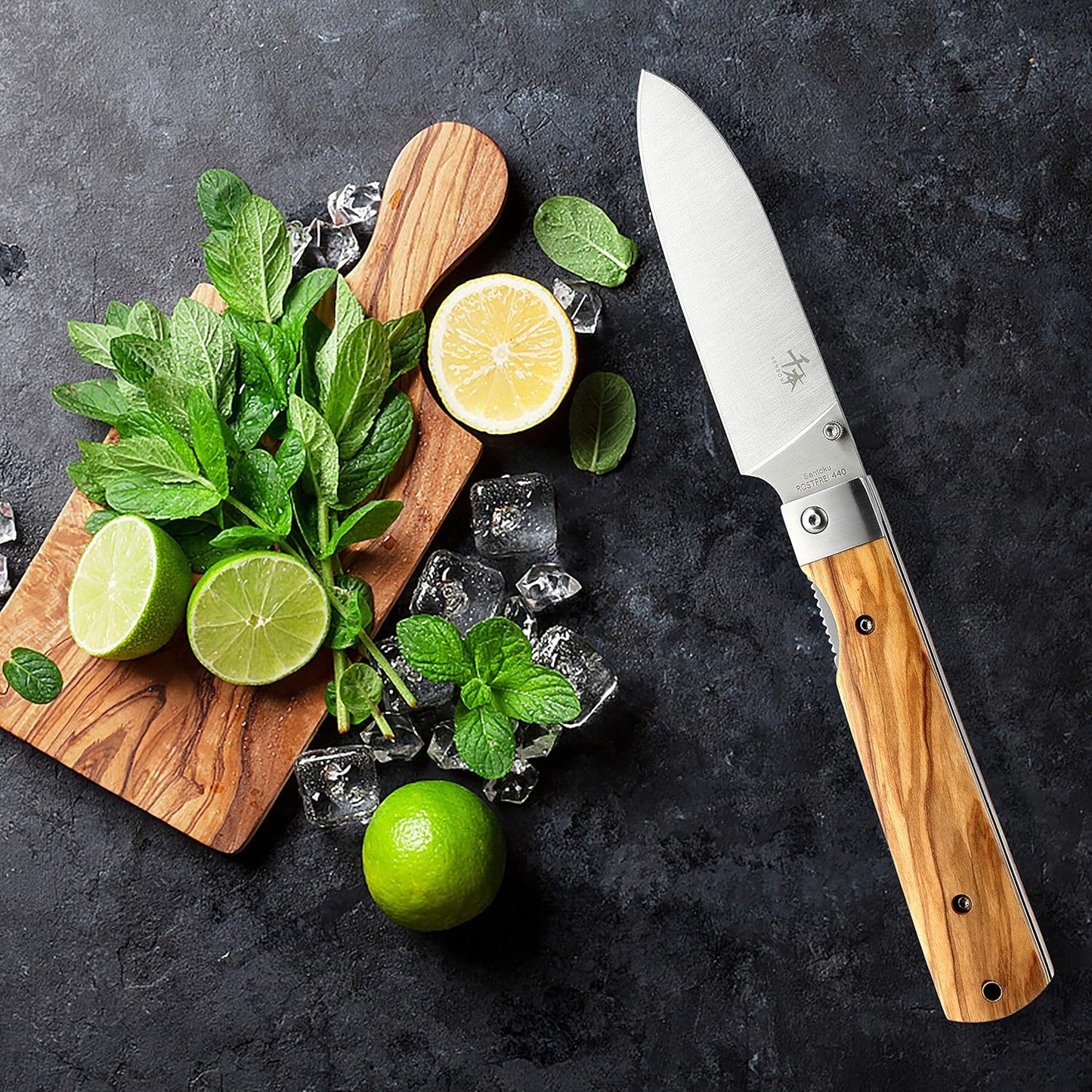 Klappbares Santokuküchenmesser, Olivenholz Santoku
