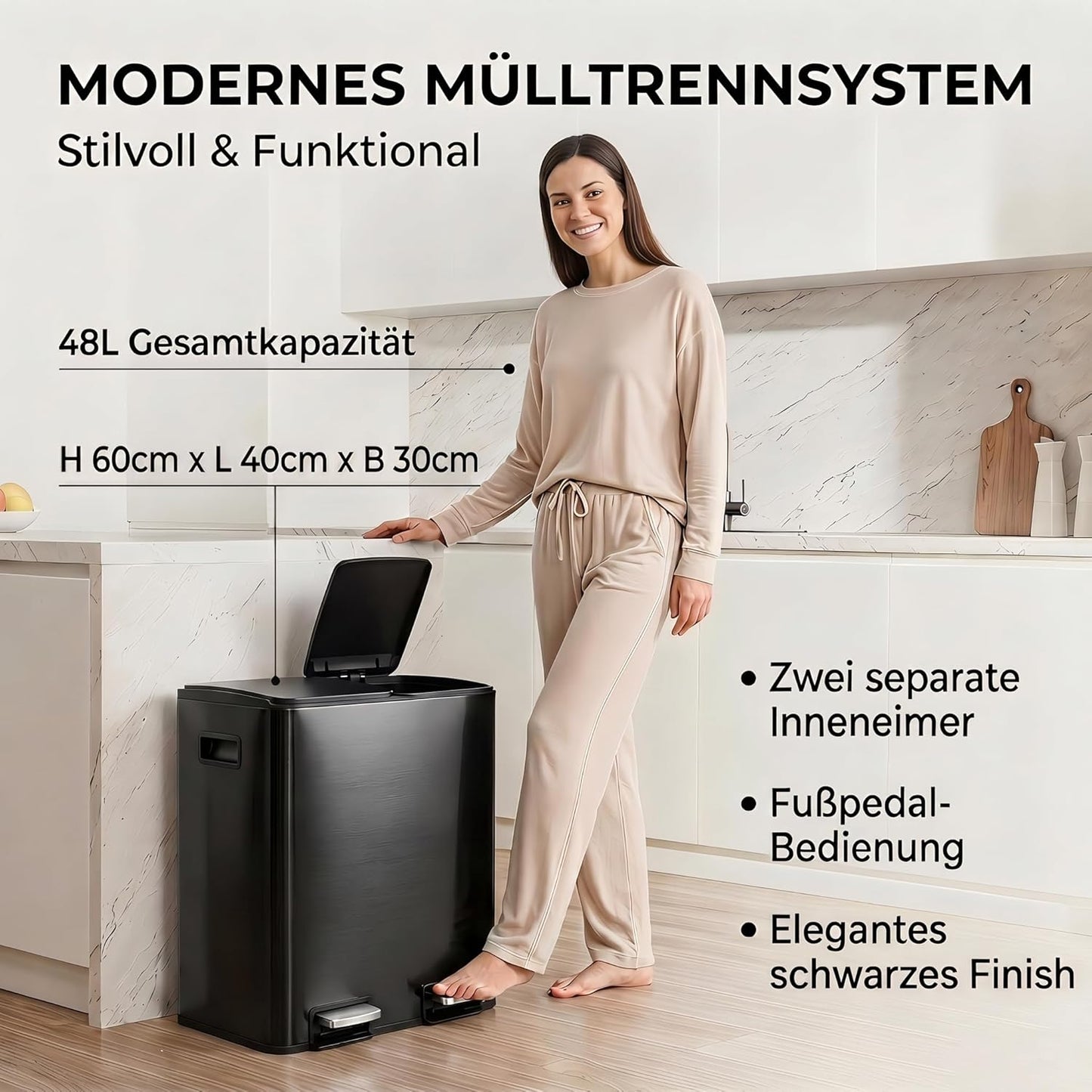 Treteimer mit Mülltrennsystem, Schwarz 48L