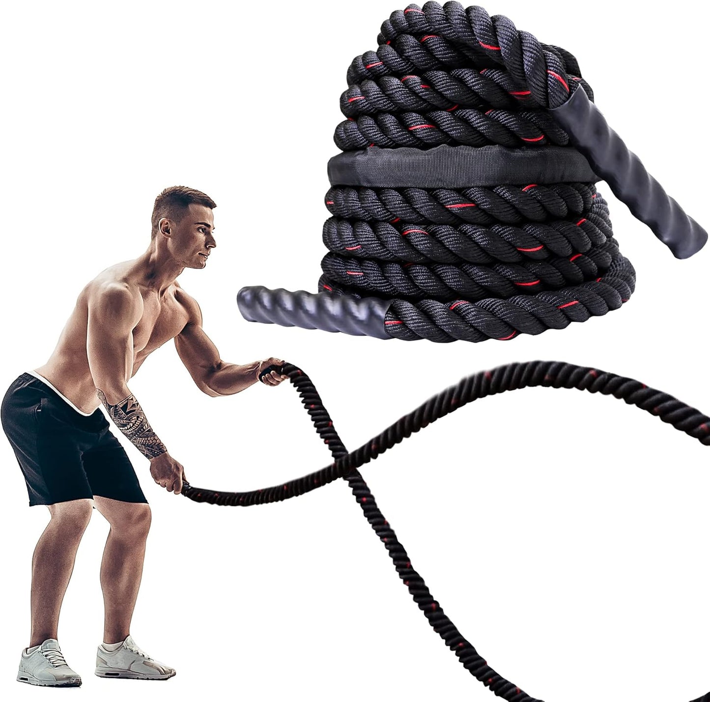 Kampfseil für Fitnesstraining (9m/12m), Schwarz Rot-12m