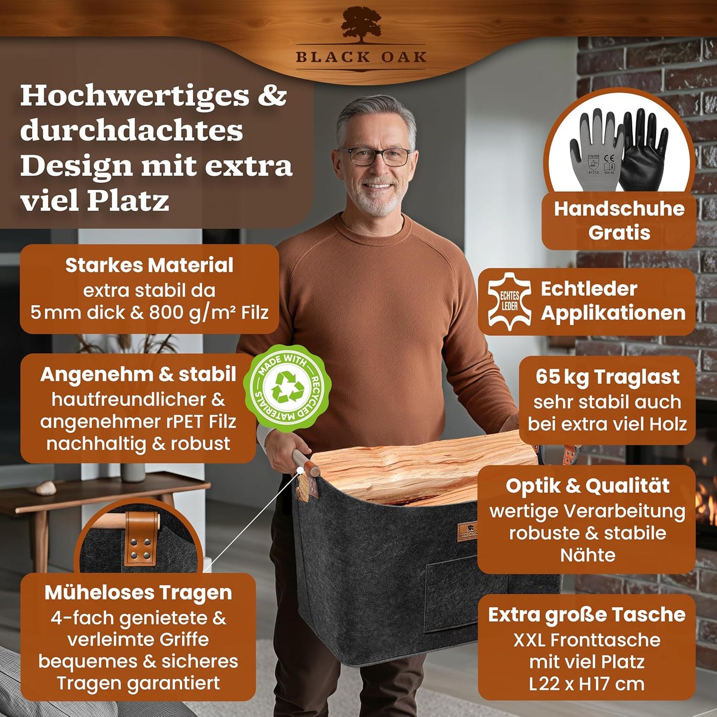 XXL-Filzkorb für Kaminholz, 100L, 100 l Anthrazit