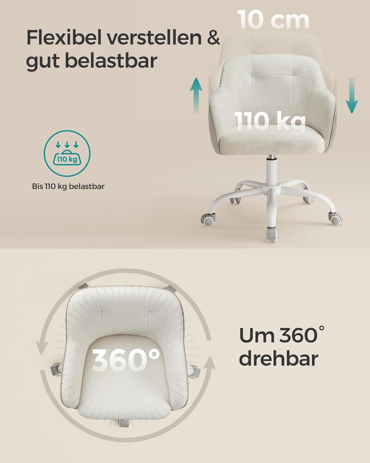 Höhenverstellbarer Schreibtischstuhl, Cappuccinobeige / Sherpa-Stoff + PU