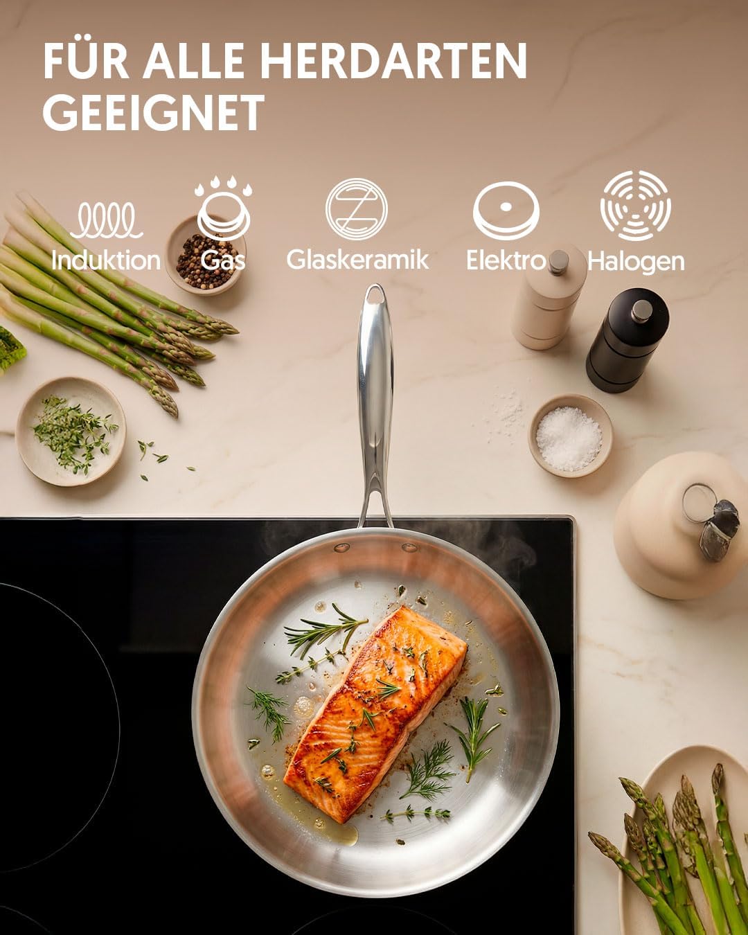 Pfannenset aus Edelstahl (3-teilig, induktionsgeeignet), Set mit 3 Pfannen