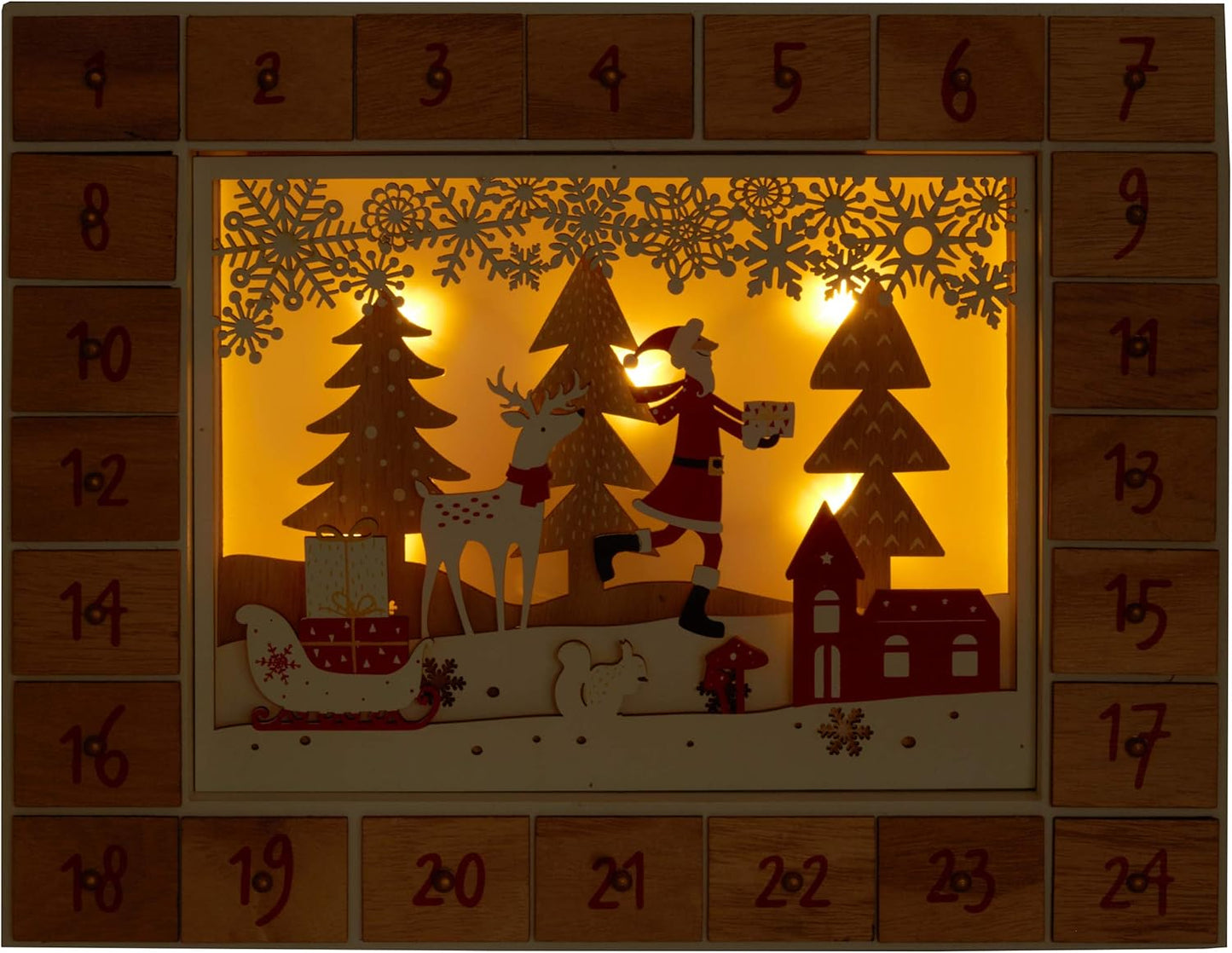 Adventskalender aus Holz zum Befüllen, Weihnachtsmann im Wald mit LED Beleuchtung
