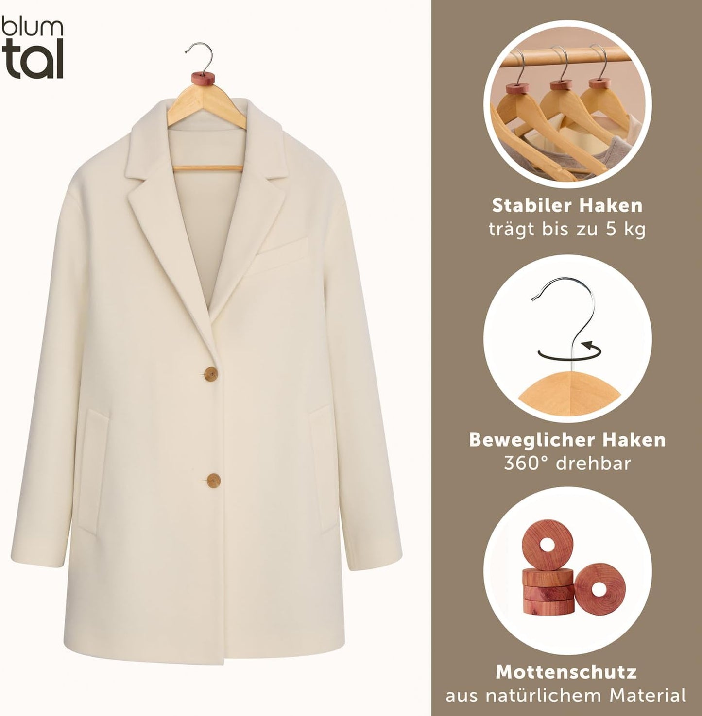 20er-Set Kleiderbügel mit Zedernholz-Ringe, 20er Set Natur