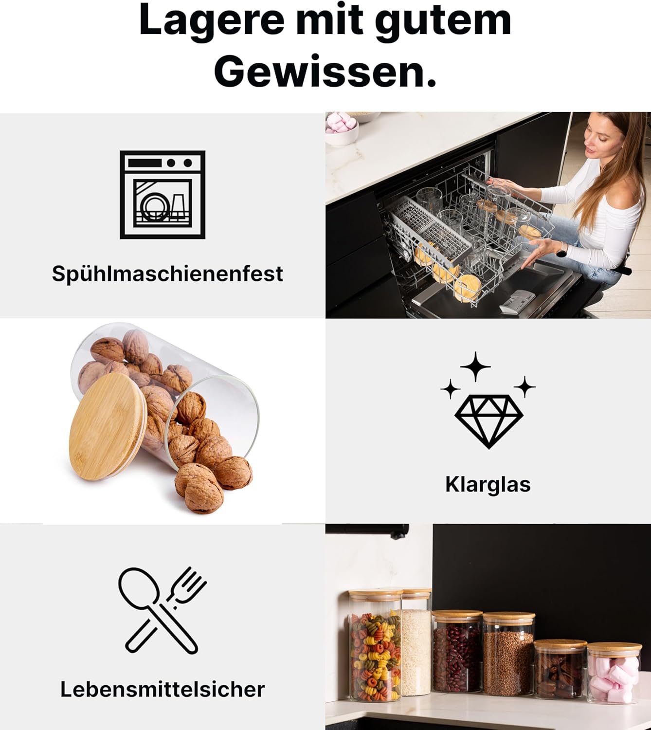Vorratsgläser-Set mit Deckel, 6 Stk., 3 Grössen, Rund
