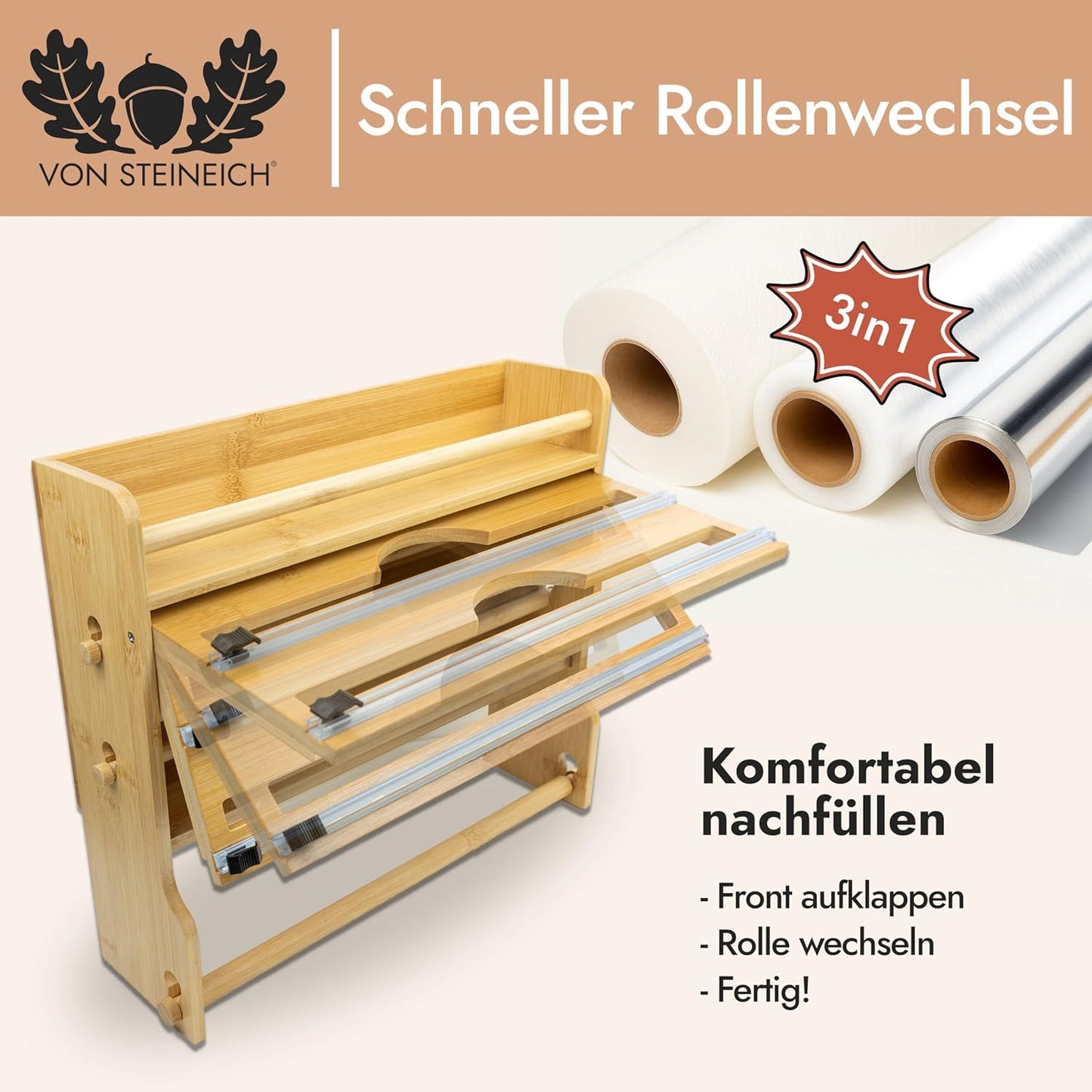Wandrollenhalter für Küchenrolle, Alufolie & Frischhaltefolie, Bambus-Holz