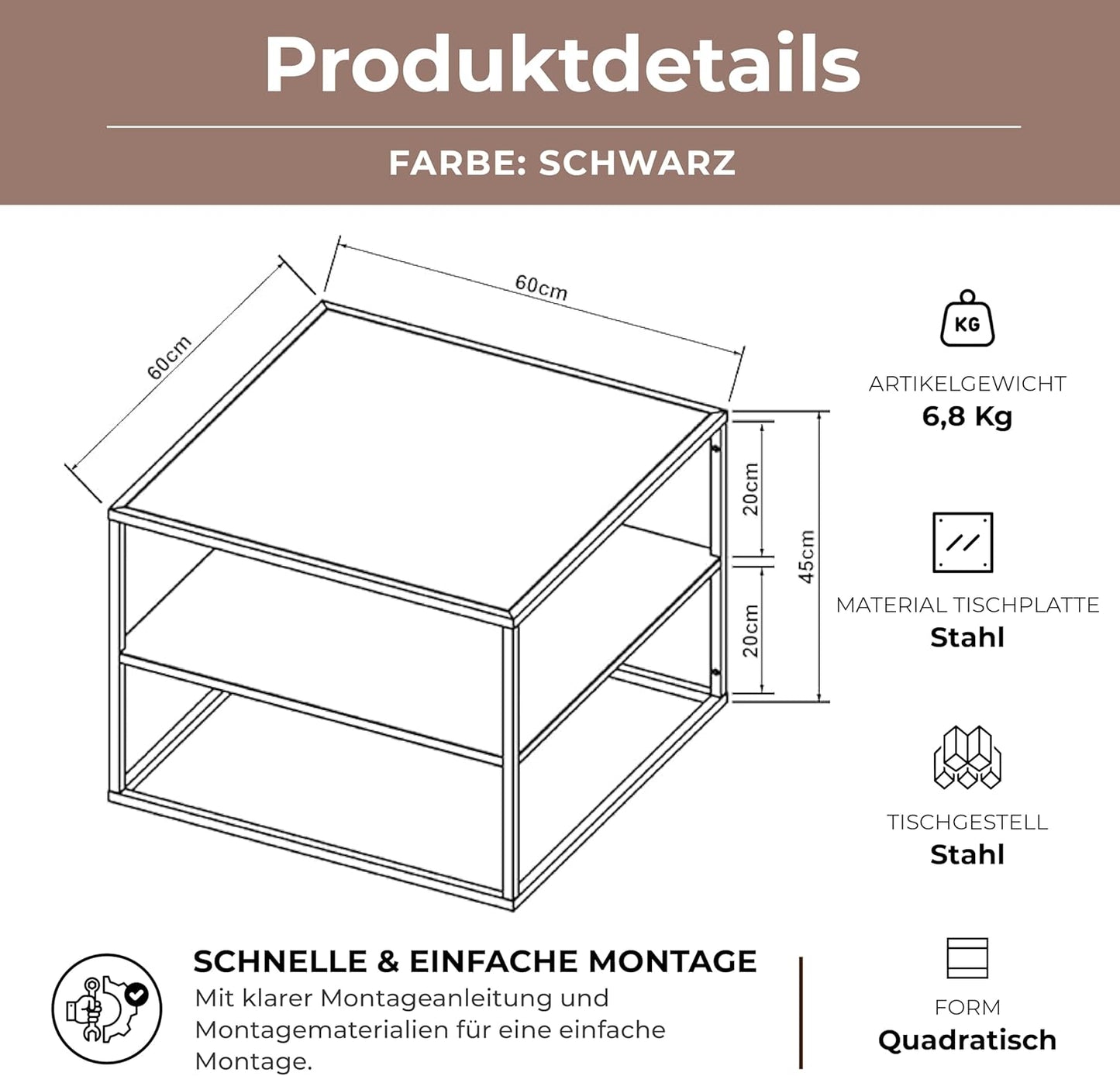 Couchtisch Solund mit Ablage, Schwarz, Matt 60 x 60 x 45 cm - 2 Ablagen