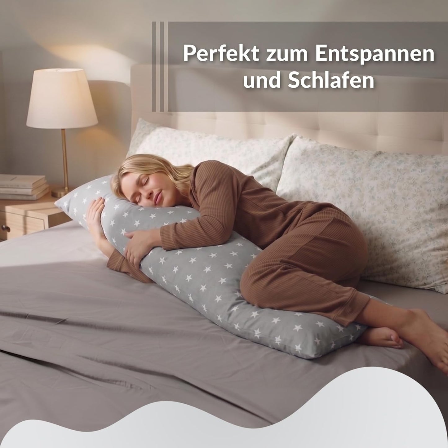 Seitenschläferkissen Schwangerschaft 40x145 cm, Beige mit Weiss Sternen 40x145 cm
