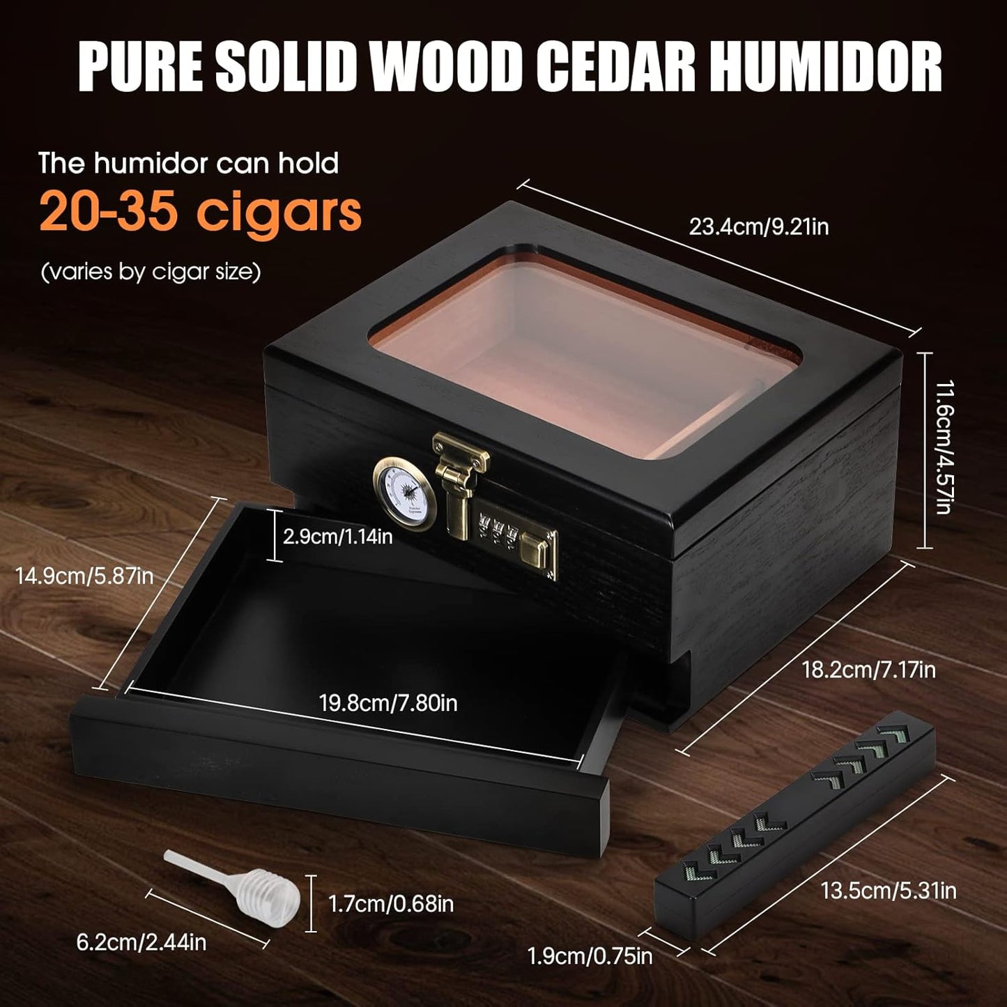 Zigarren-Humidor mit Glasdeckel und Zubehörschublade