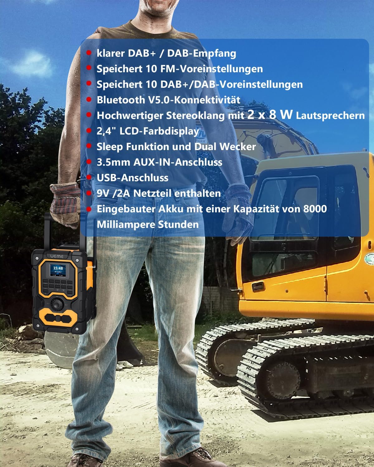 Baustellenradio mit Bluetooth und Powerbank, Gelb-Schwarz