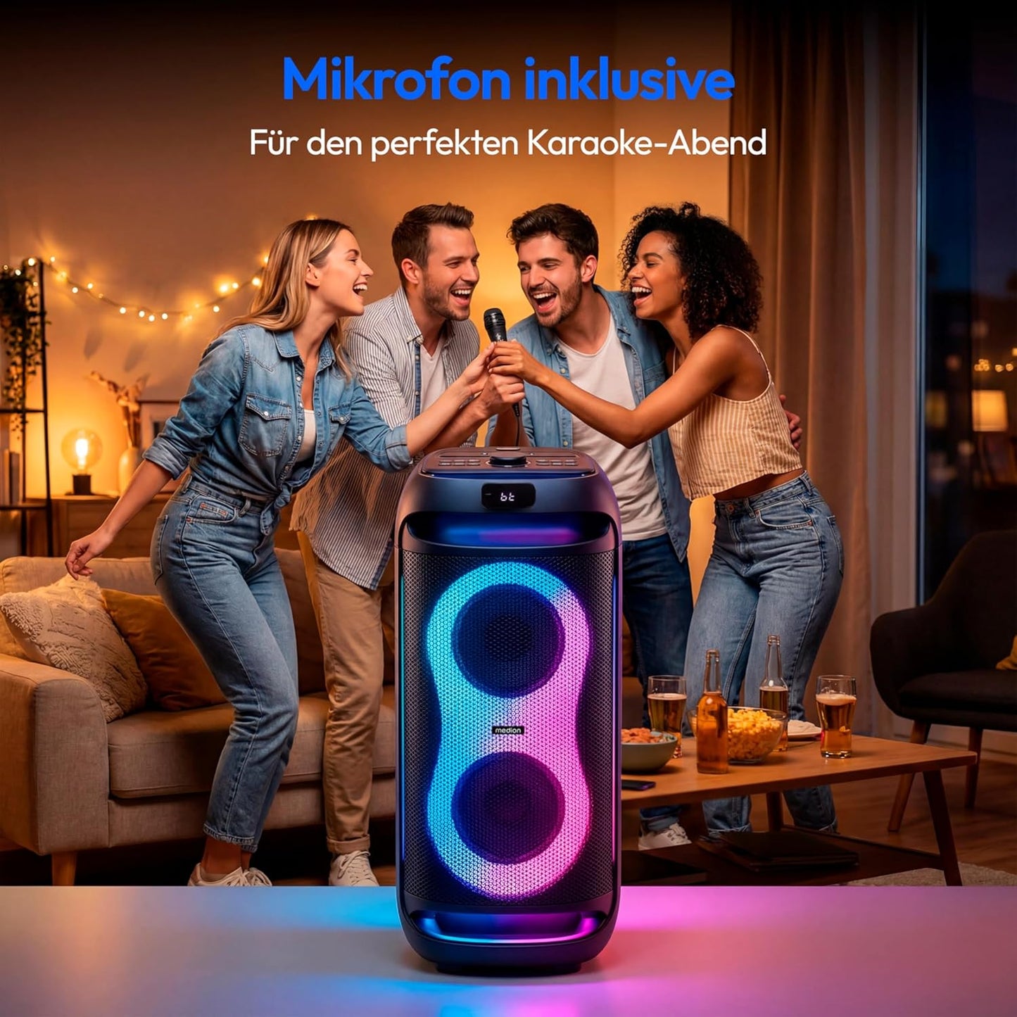 Partybox PE-2 Plus mit Mikrofon und Lichteffekten