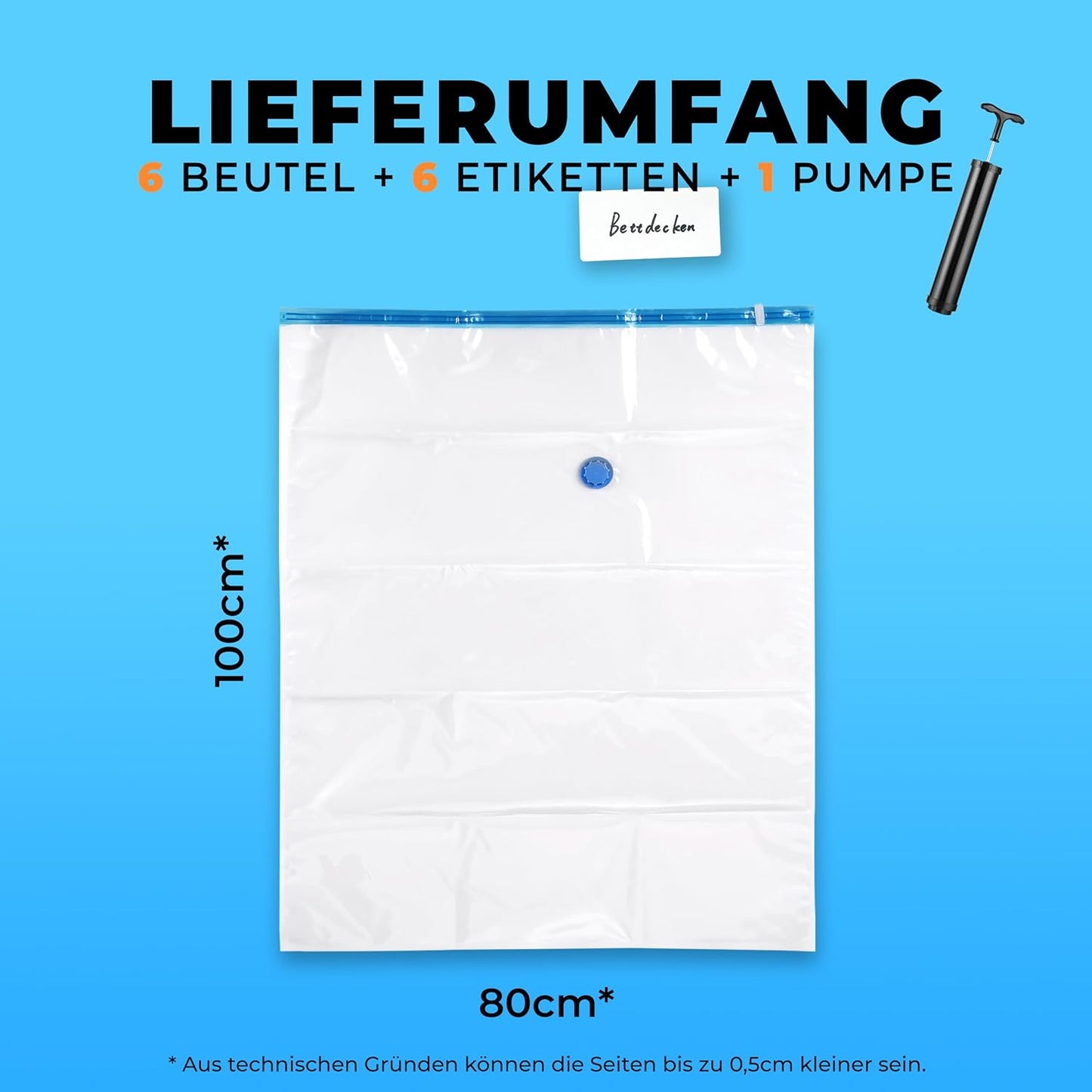 6-teiliges Vakuumbeutel-Set, 100x80 cm, für Kleidung mit Etiketten und Handpumpe, 100x80cm - XXL (100µ) mit Pumpe 6