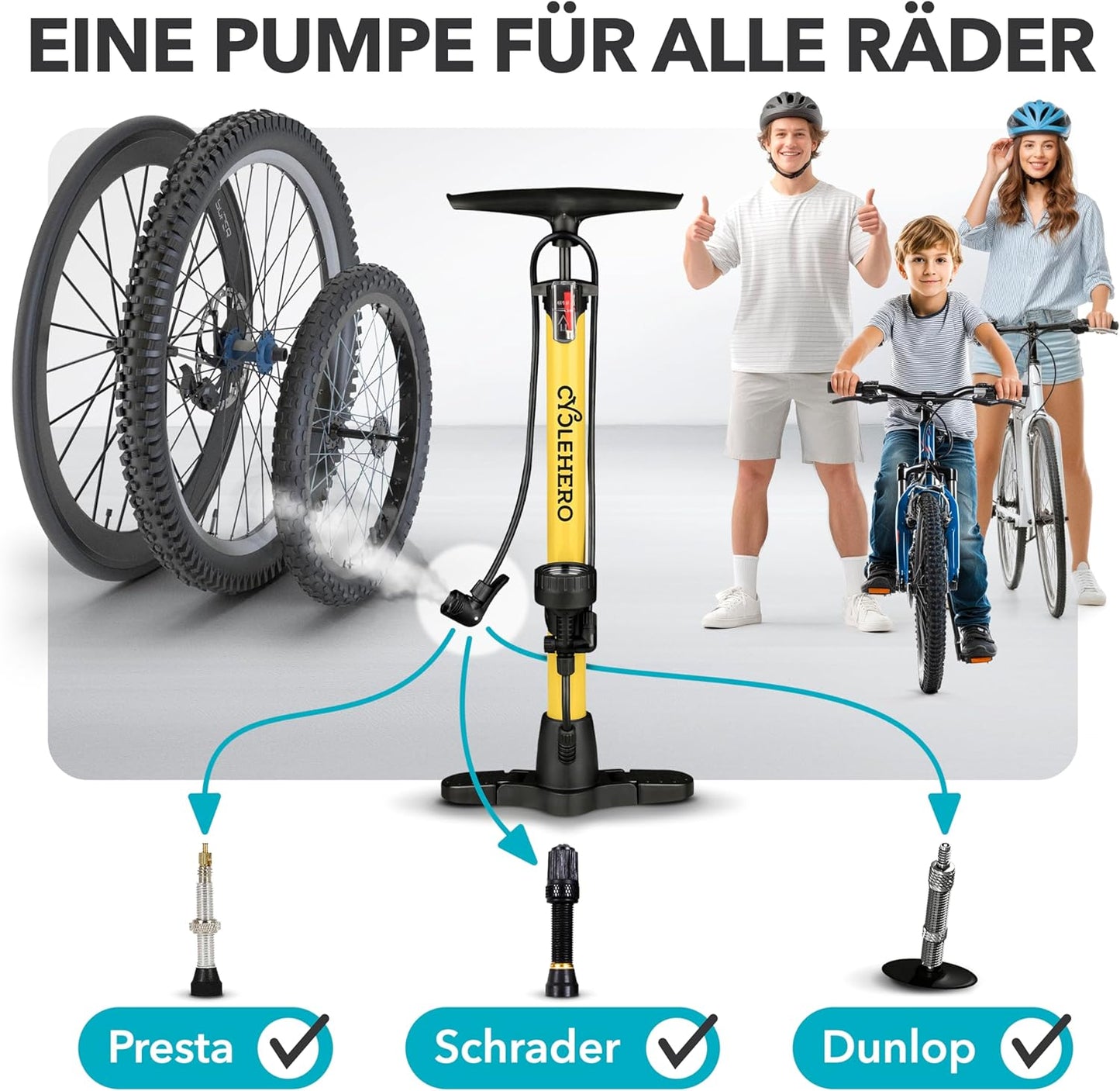 Velopumpe mit Manometer, Standpumpe Gelb