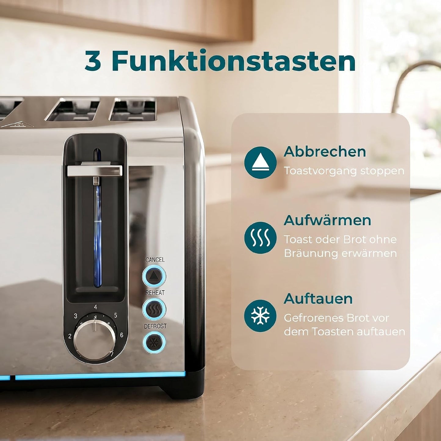 4-Scheiben Toaster mit 7 Bräunungsstufen