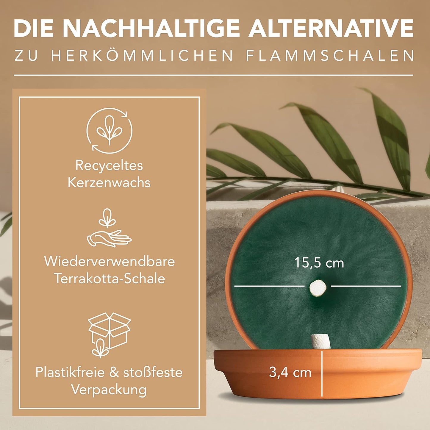 Flammschalen mit Gartenkerzen, 2x Terrakotta