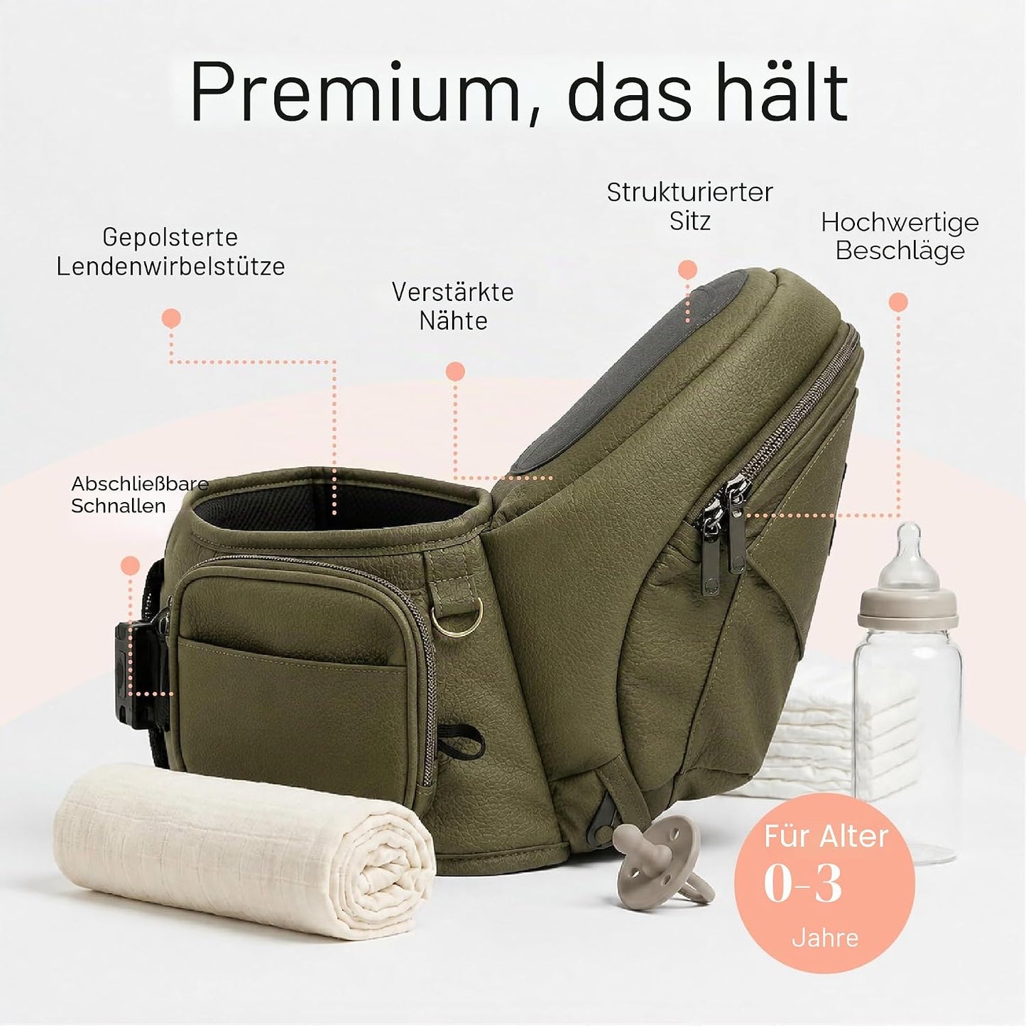 Ergonomischer Baby-Hüftsitz mit Stauraum, Olive