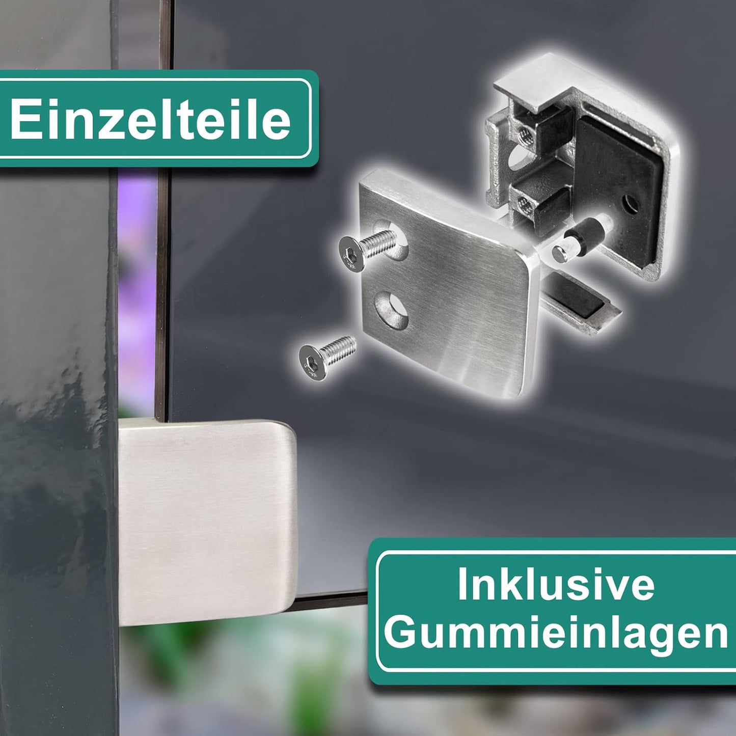 Glashalter-Set mit Sicherungsplatte, Anschluss: Flach | Glasdicke: 10 mm