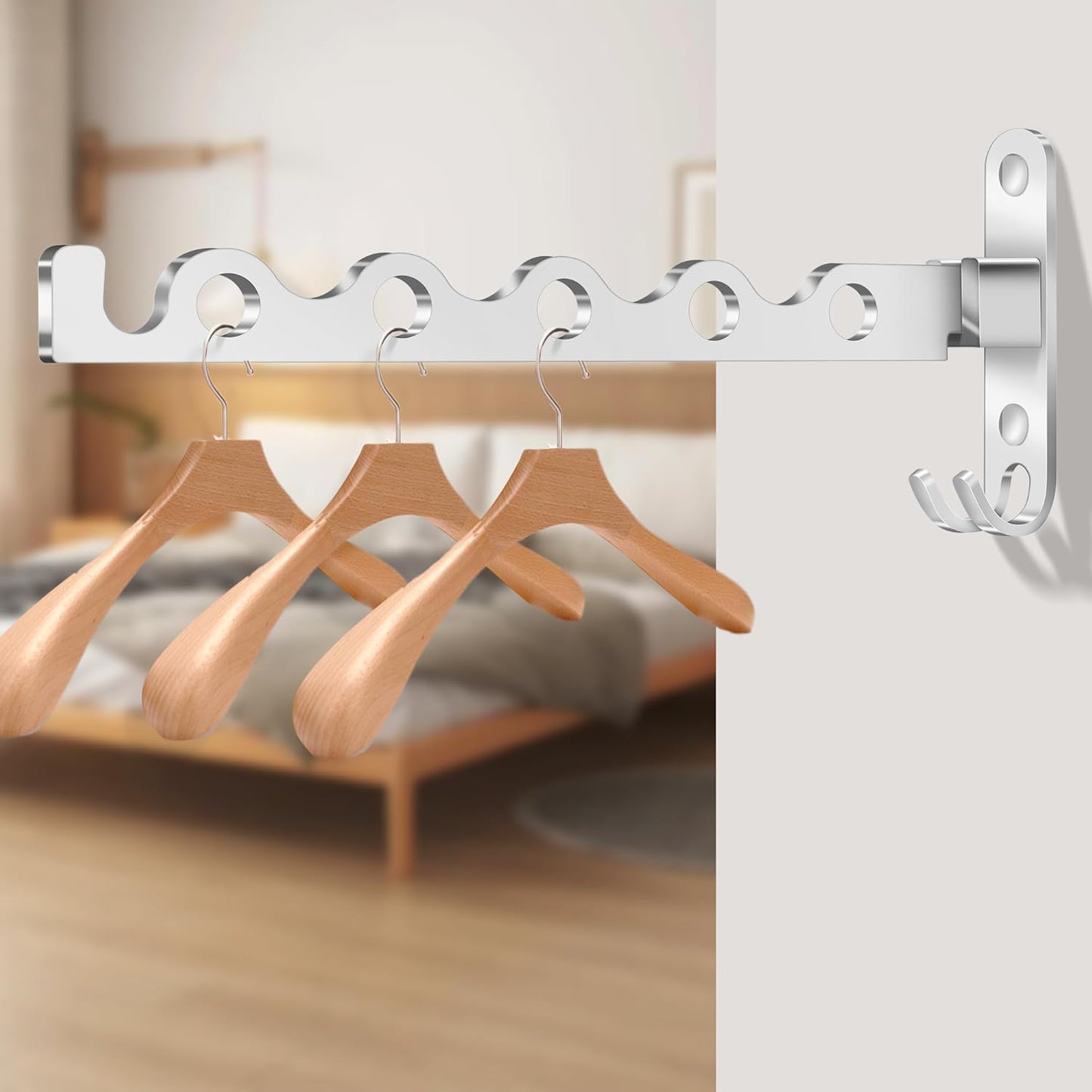 Klappbarer Kleiderständer für die Wandmontage, Silber, 2 Stück + Stange