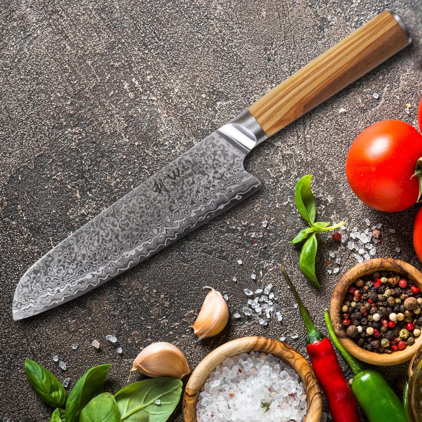 Oribu 3er Damastmesser-Set mit Olivenholzgriff, 3er Santoku Set
