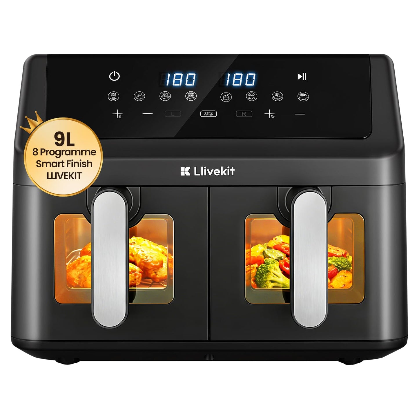 Doppelkammer Heissluftfritteuse, Schwarz 9L