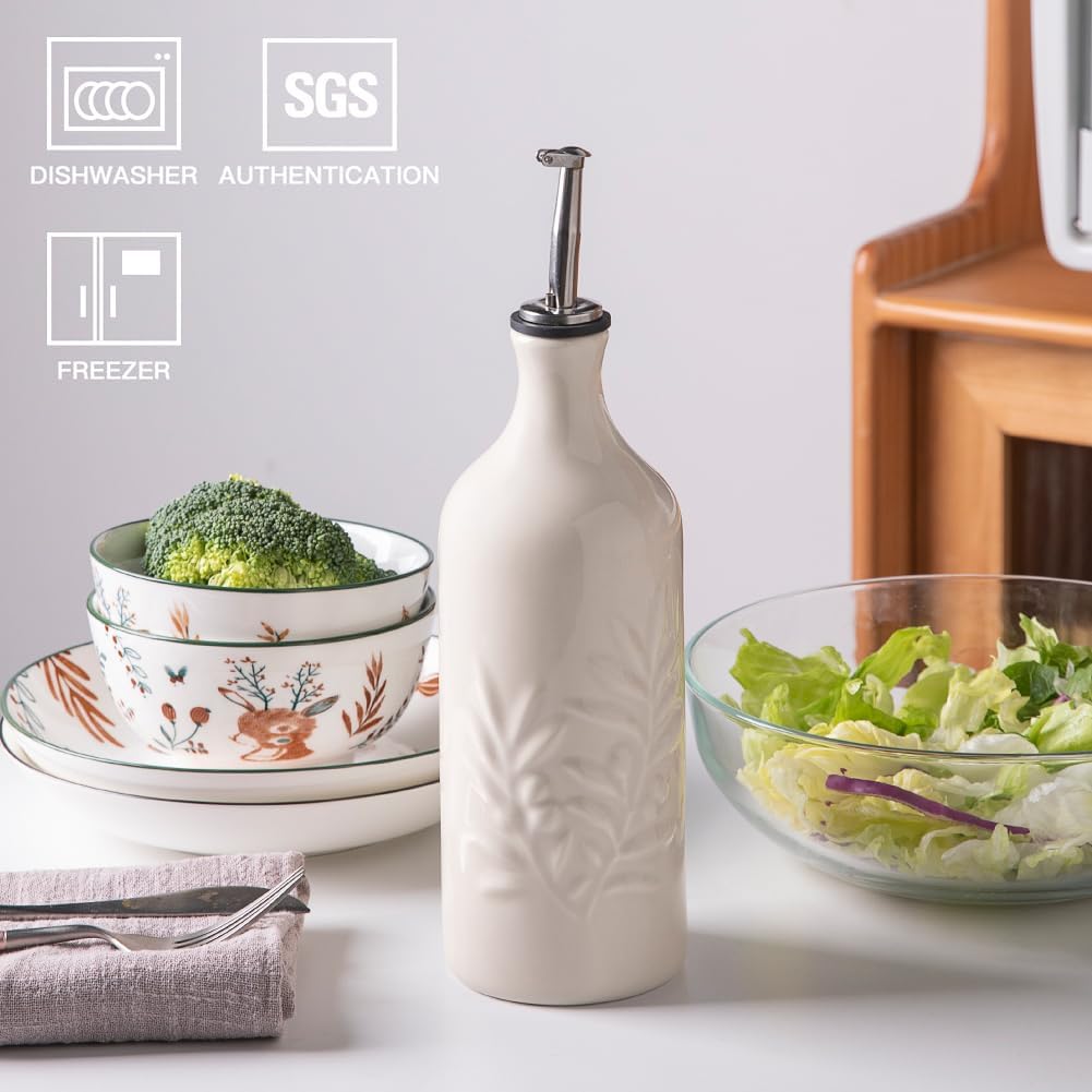 Keramische Olivenölspenderflasche (570ml), Beige Olivenblatt Relief 570ml