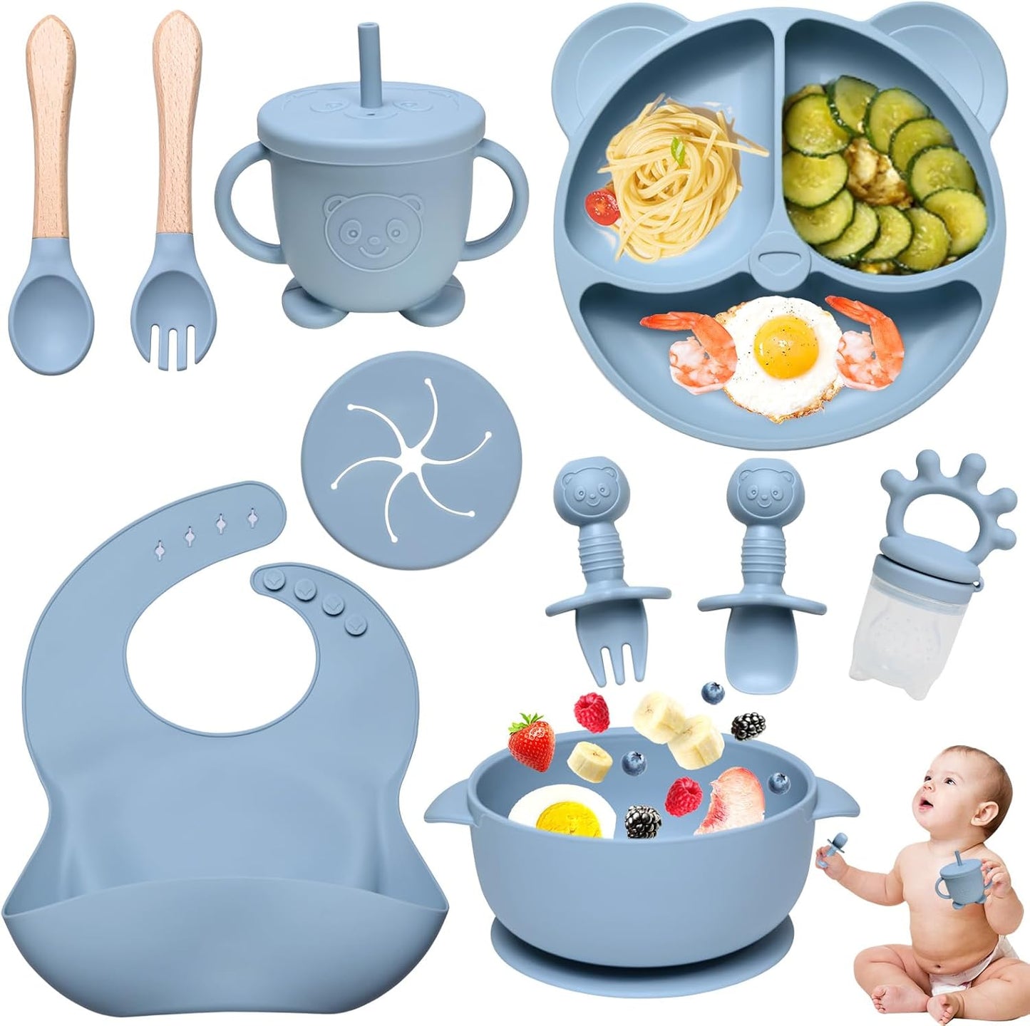 Silikon Baby Geschirrset mit Saugnapf (10-teilig), Blau