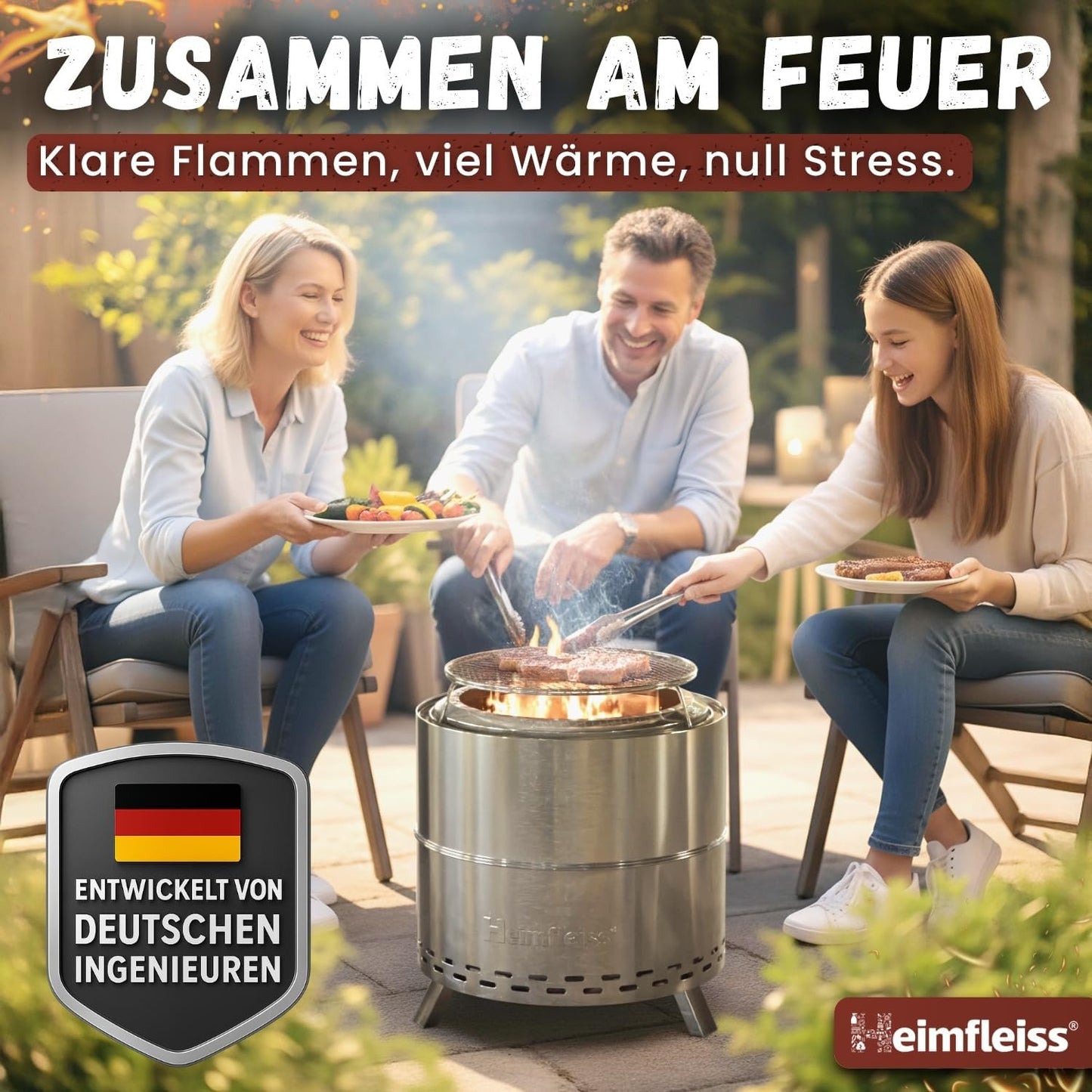 Rauchfreie Feuerschale mit Grillrost, Ø 50 cm Silber