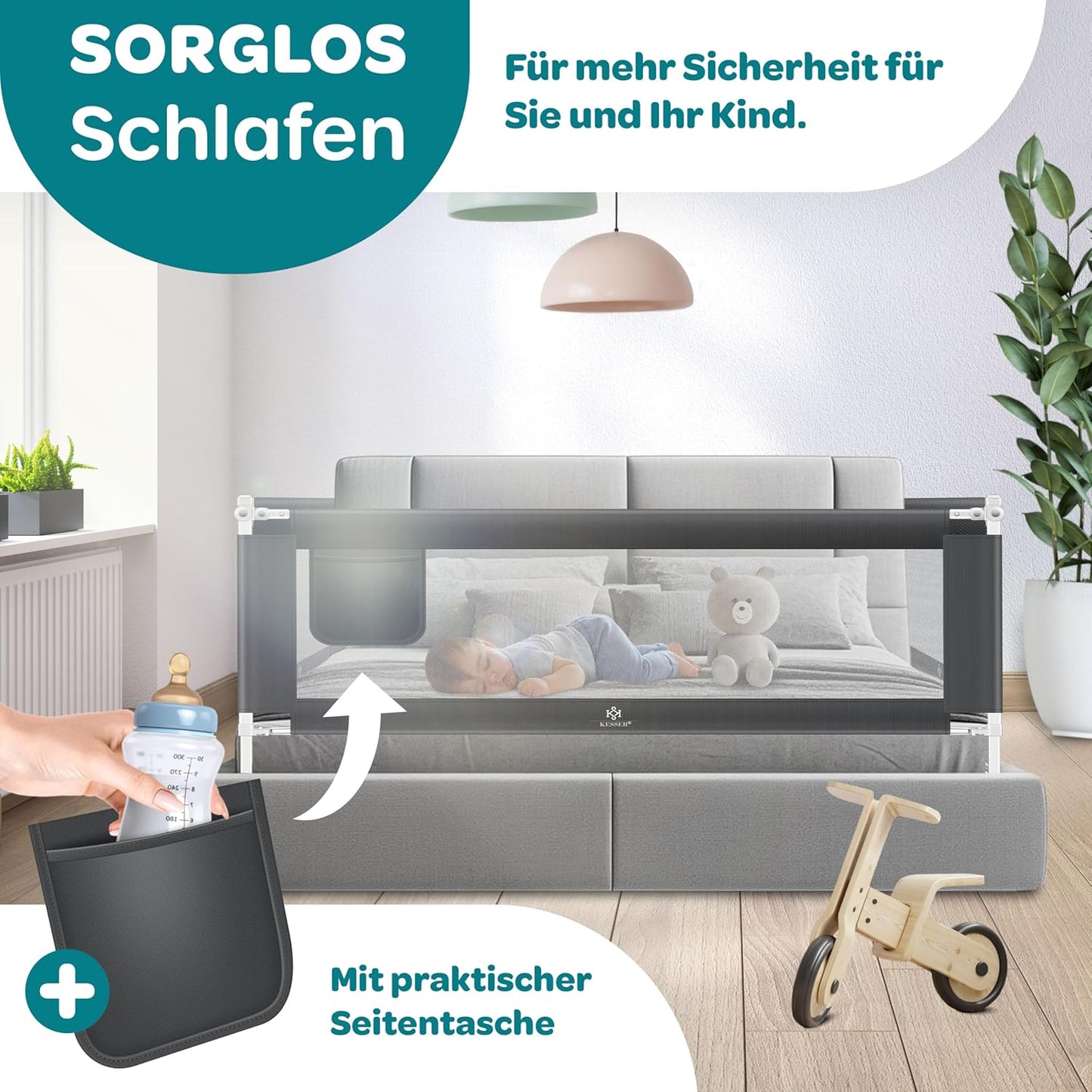 Klappbares Bettschutzgitter mit Tasche, 180cm Dunkelgrau
