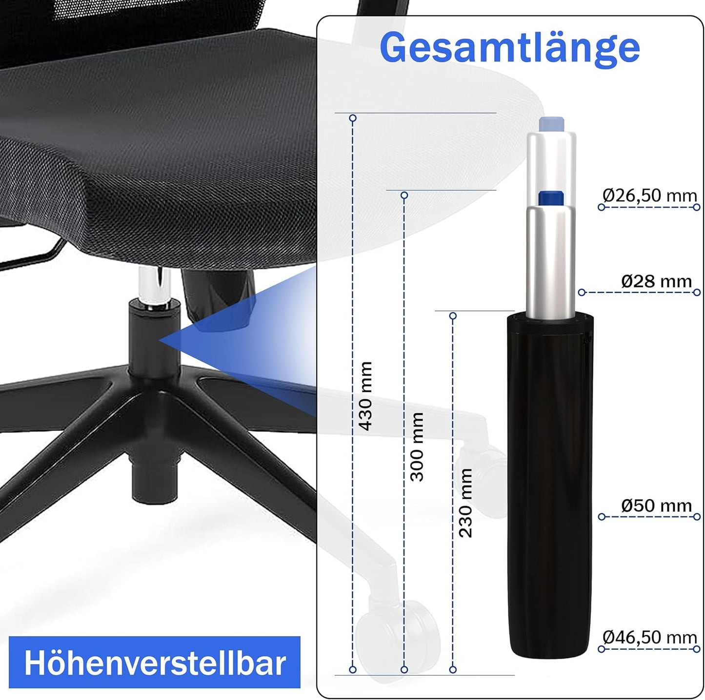 Gaslift für Bürostuhl und Barhocker, 430 mm Gesamtlänge Schwarz