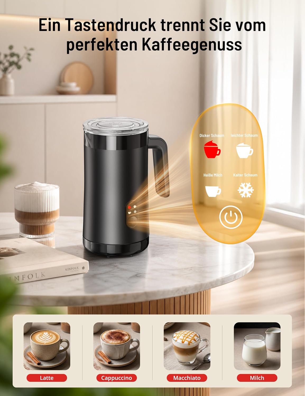 4-in-1 Elektrischer Milchaufschäumer 400ml für Kaffeegetränke, Schwarz