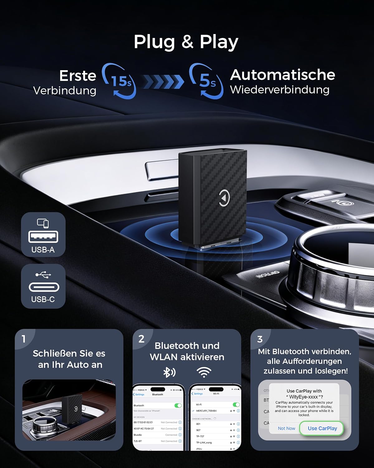 2-in-1 CarPlay & Android Auto Wireless Adapter, Schwarz