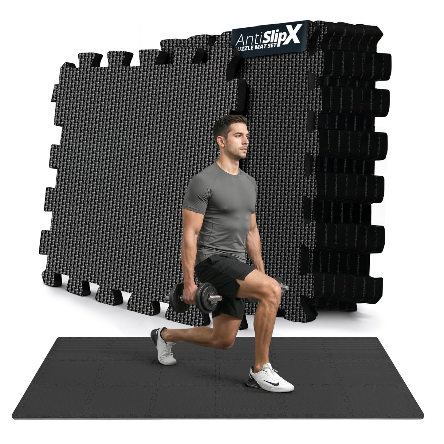 18-teiliges Bodenschutzmatten-Set für Fitness und Gymnastik, Anthracite | 1-side Antislipx | 18 Matten | 1,67 M² 32L x 32B x 1D cm