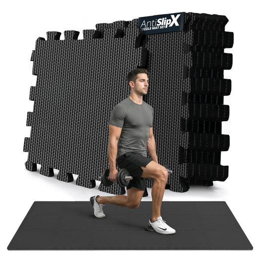 18-teiliges Bodenschutzmatten-Set für Fitness und Gymnastik, Anthracite | 1-side Antislipx | 18 Matten | 1,67 M² 32L x 32B x 1D cm
