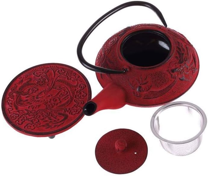 Chinesisches Drachen-Teeservice aus Gusseisen, Roter Drache