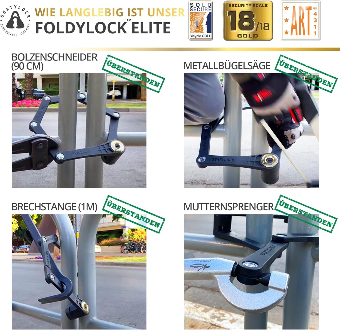 FoldyLock Elite Fahrradschloss mit Schlüssel 110 cm, Black Max Security 18/18 110cm (43.3in) Circumference