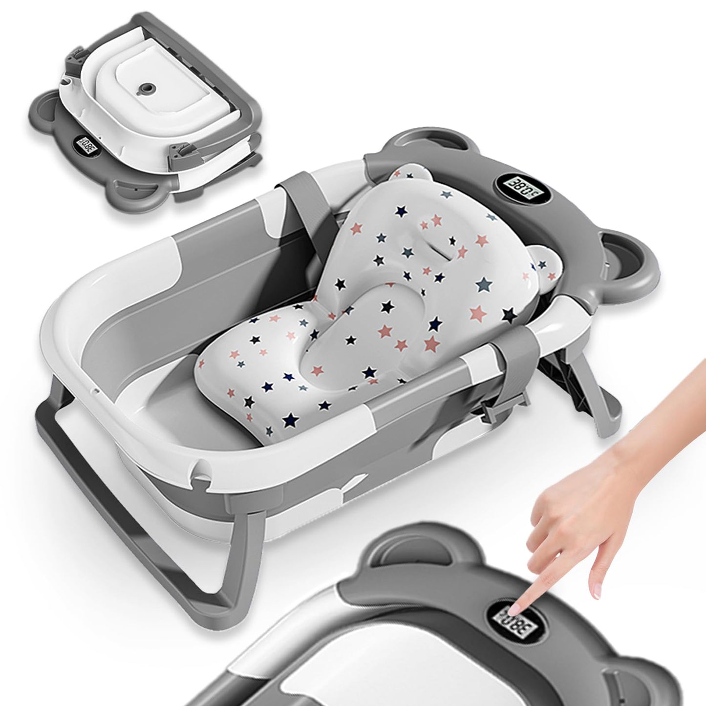 Faltbare Babywanne mit Badethermometer, 2 x faltbar Bear GRAU