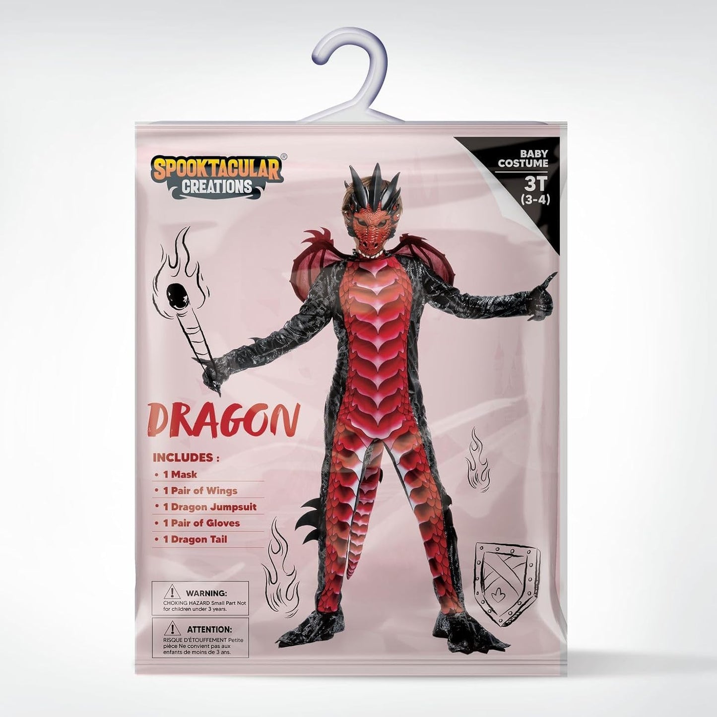 Drachenkostüm mit Flügeln und Maske, Small (5-7 yrs) Rot