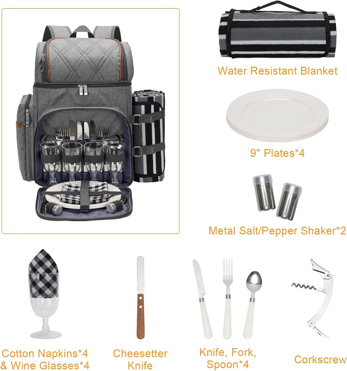 Picknick-Rucksack für 4 Personen mit Zubehör, Grau