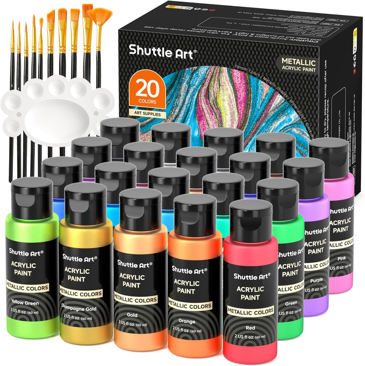 Metallic-Acrylfarben-Set inkl. Pinsel & Palette, 20 Farben mit Metallglanz