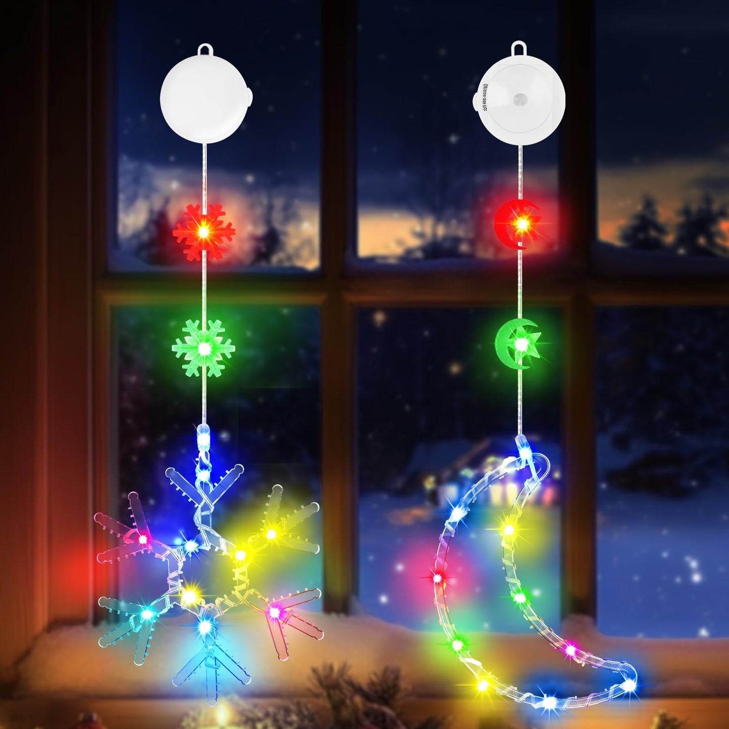 LED Fenstersilhouetten Mond und Schneeflocke, Rgb Mond & Schneeflocken