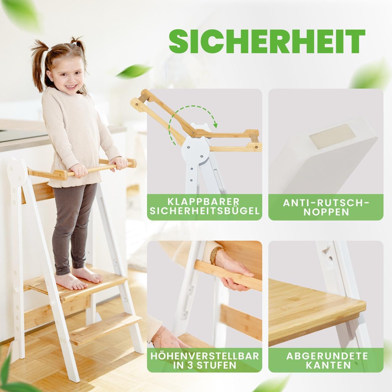 Lernturm höhenverstellbar, klappbar, Weiss / Bambus